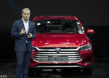 Wolfgang Egger, design director of Chinese automaker BYD Auto, speaks after presenting the Qin Pro during a press conference at the Beijing Auto Show in Beijing on April 25, 2018. [Photo/IC]