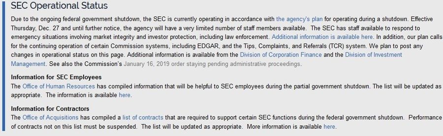 SEC Operational Status Message on the official website.