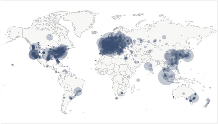 Map shows concentration of reachable Bitcoin nodes found in countries around the world.
