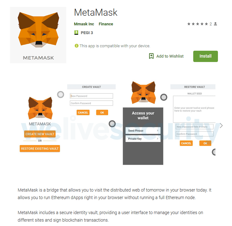 Fraudulent App on Google Play Impersonates MetaMask and Steal the Victim’s Ethereum. welivesecurity.com image