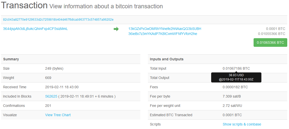 The proof of successful transaction in Bitcoin (~38 USD).