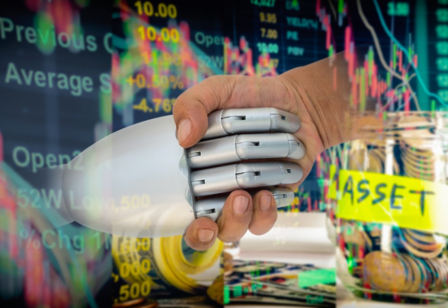 man and trading robot hands