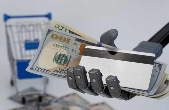 mão de robô segura dinheiro e cartão de crédito