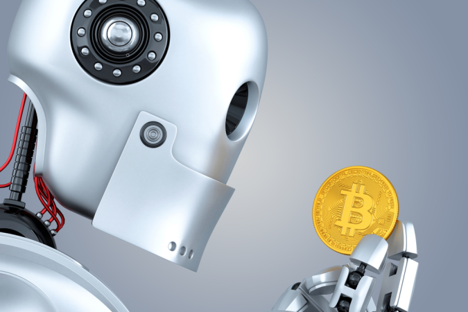 Robot sa pozerá na bitcoinovú mincu