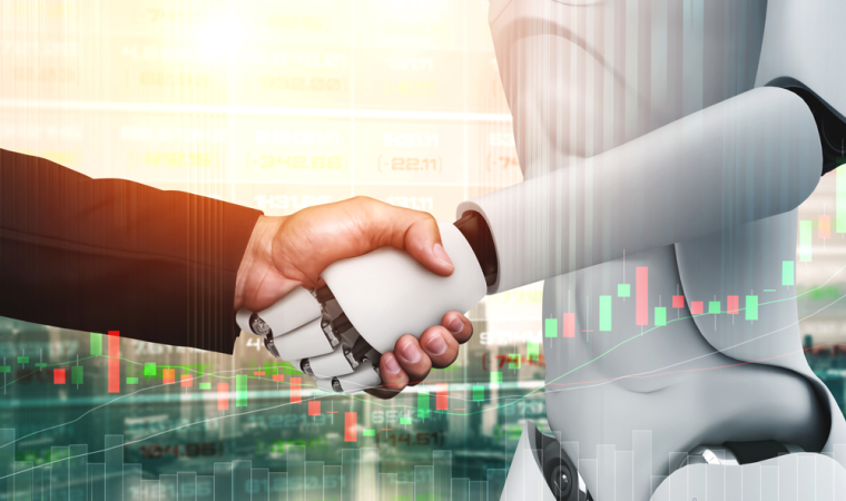 humanoid robot handshake with stock market trader