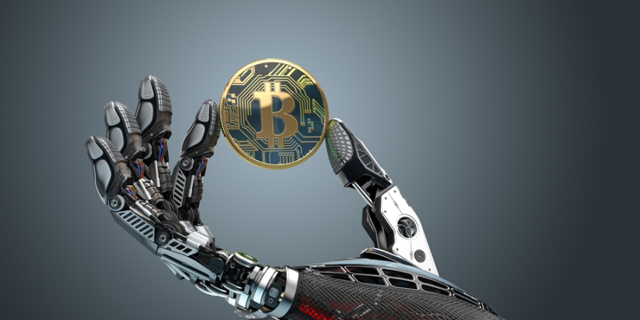 robot arm holding bitcoin