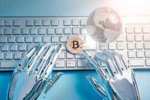 bitcoin-robot på tastaturet med Bitcoin