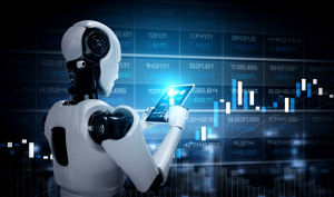 Roboter-Humanoid mit Tablet-Computer im Konzept des Börsenhandels
