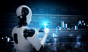 Robot humanoid using tablet computer in concept of stock market trading