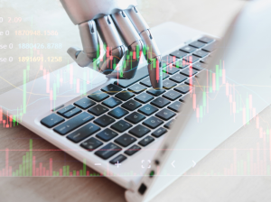 金融と投資におけるテクノロジーのロボットハンド。