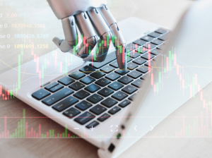 Robotic hand of technology in finance and investment.