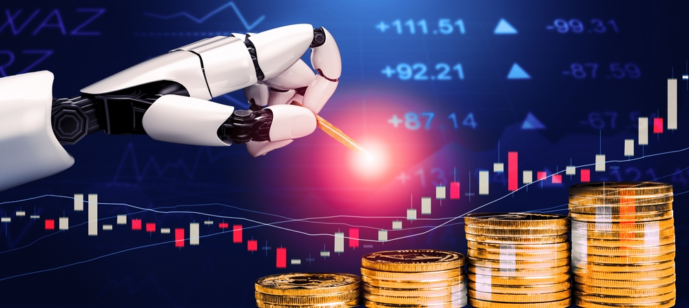trading robot hand and bitcoins