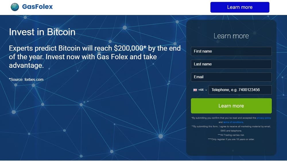 Screen shot of the main page of the Gas Folex trading platform.