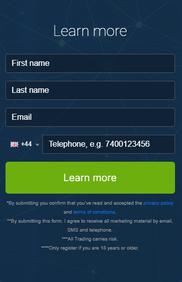 Screen shot of registration box of the Gas Folex trading platform.