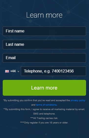 Screen shot of registration box of the Immediate Aspect trading platform.
