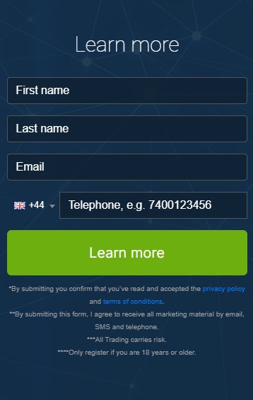 Screen shot of registration box of the Immediate Script trading platform.