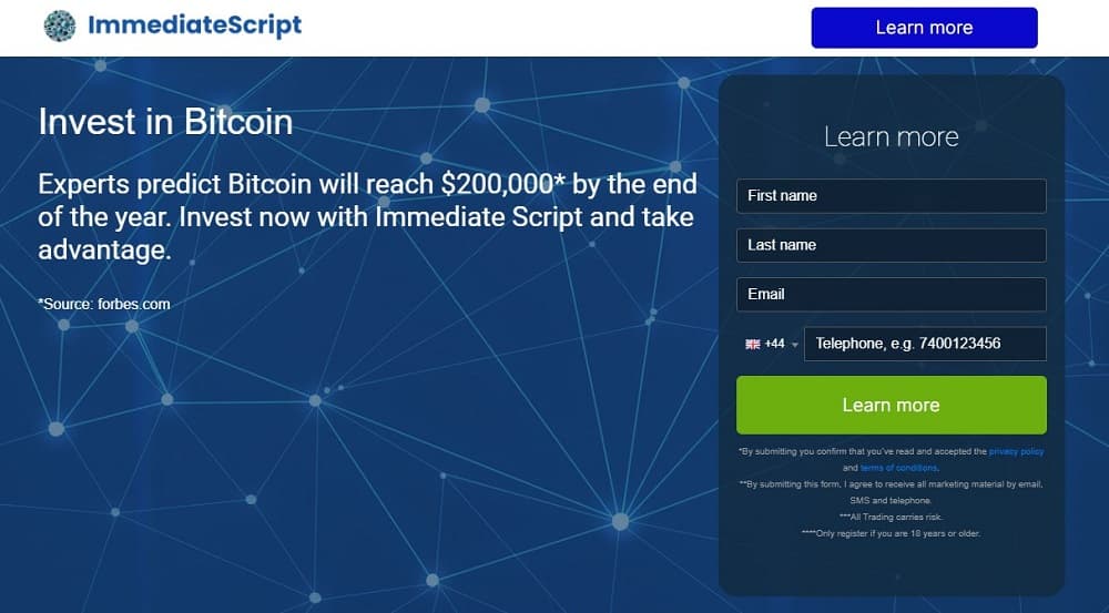 Screen shot of the main page of the Immediate Script trading platform.