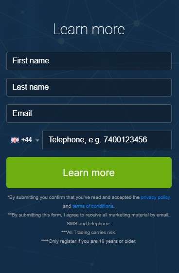 Screen shot of registration box of the Immediate Spike trading platform.