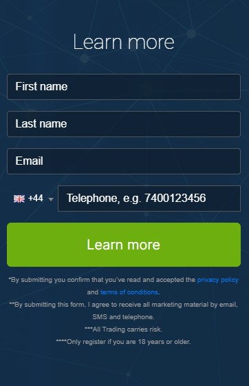 Screen shot of registration box of the Quantum Apex AI trading platform.