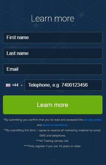 Screen shot of registration box of the BTC Maximum AI trading platform.