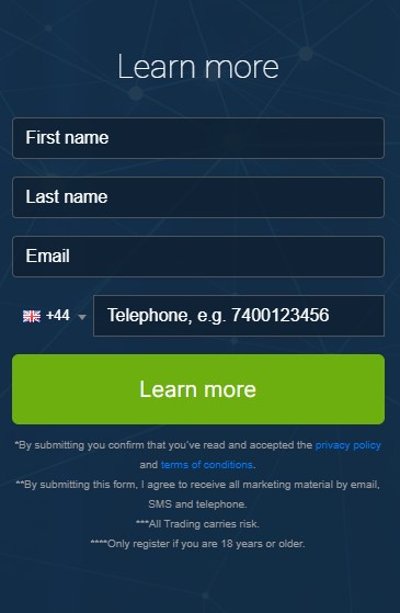 Screen shot of registration box of the Equinox Edge trading platform.