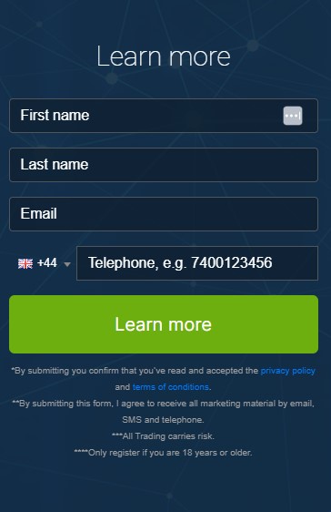 Screen shot of registration box of the Eralmonum App trading platform.