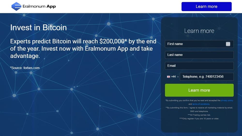 Screen shot of the main page of the Eralmonum App trading platform.