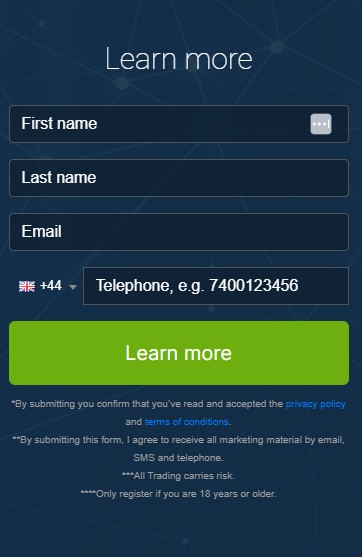 Screen shot of registration box of the Immediate Machine trading platform.