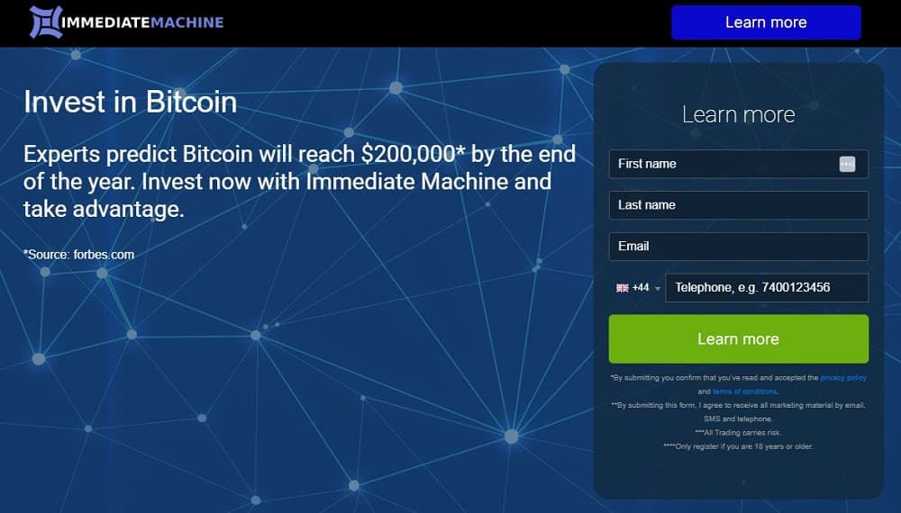 Screen shot of the main page of the Immediate Machine trading platform.