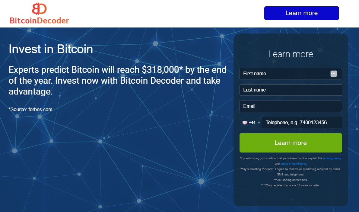 Screen shot of the main page of the Bitcoin Decode trading platform.