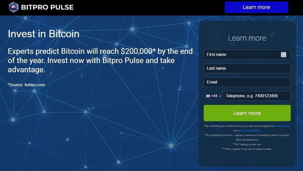 Screen shot of the main page of the Bitpro Pulse trading platform.
