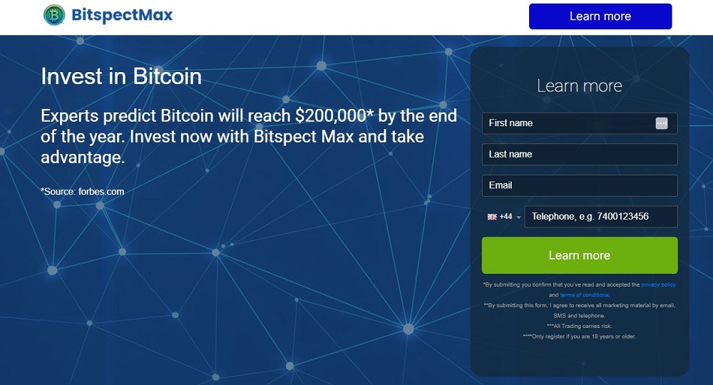 Screen shot of the main page of the Bitspect Max trading platform.