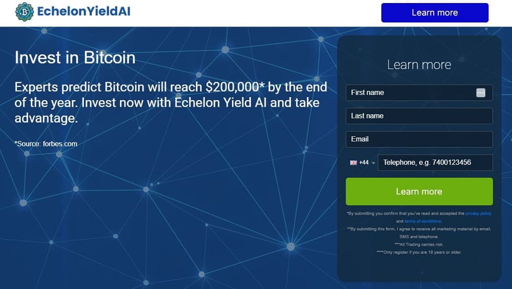 Screen shot of the main page of the Echelon Yield AI trading platform.