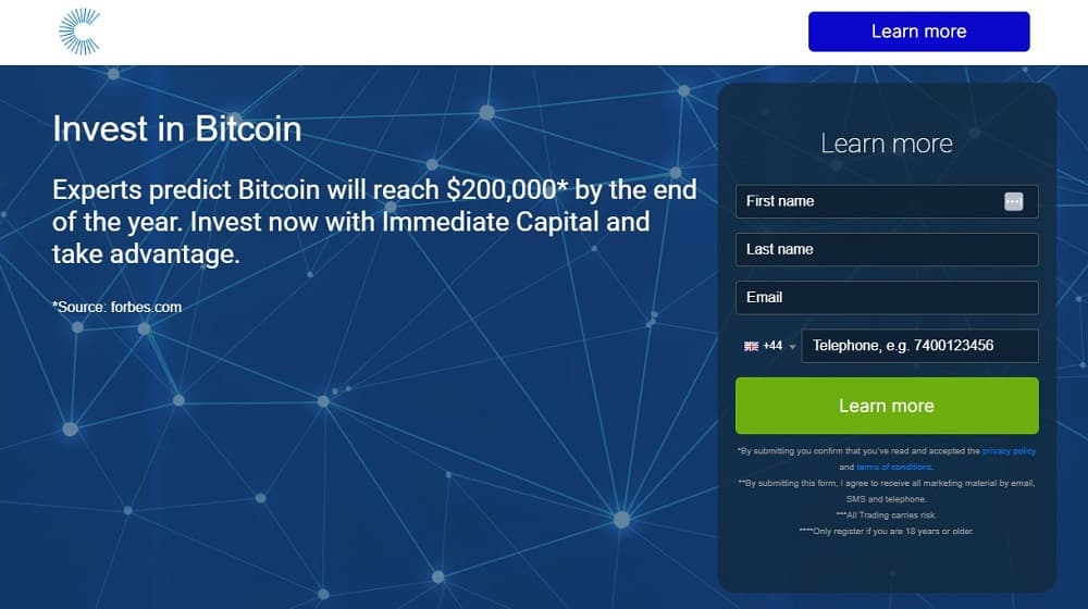 Screen shot of the main page of the Immediate Capital trading platform.