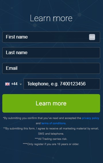 Screen shot of registration box of the Immediate Force trading platform.