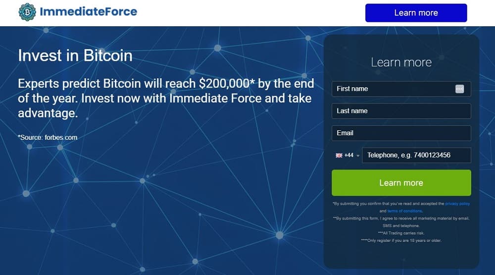 Screen shot of the main page of the Immediate Force trading platform.