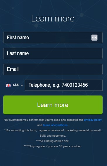 Screen shot of registration box of the Immediate Olux trading platform.