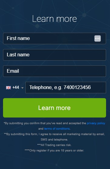 Screen shot of registration box of the Immediate Phoenix trading platform.