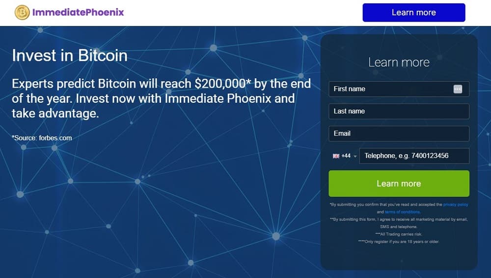Screen shot of the main page of the Immediate Phoenix trading platform.