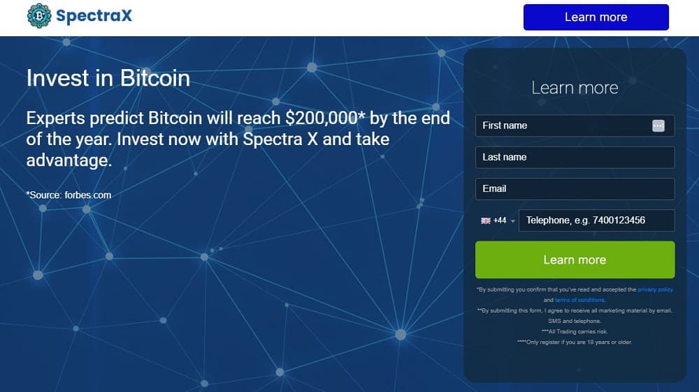 Screen shot of the main page of the Spectra X trading platform.