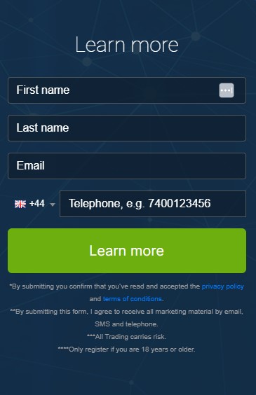 Screen shot of registration box of the Trader Quest 3.1 AI trading platform.