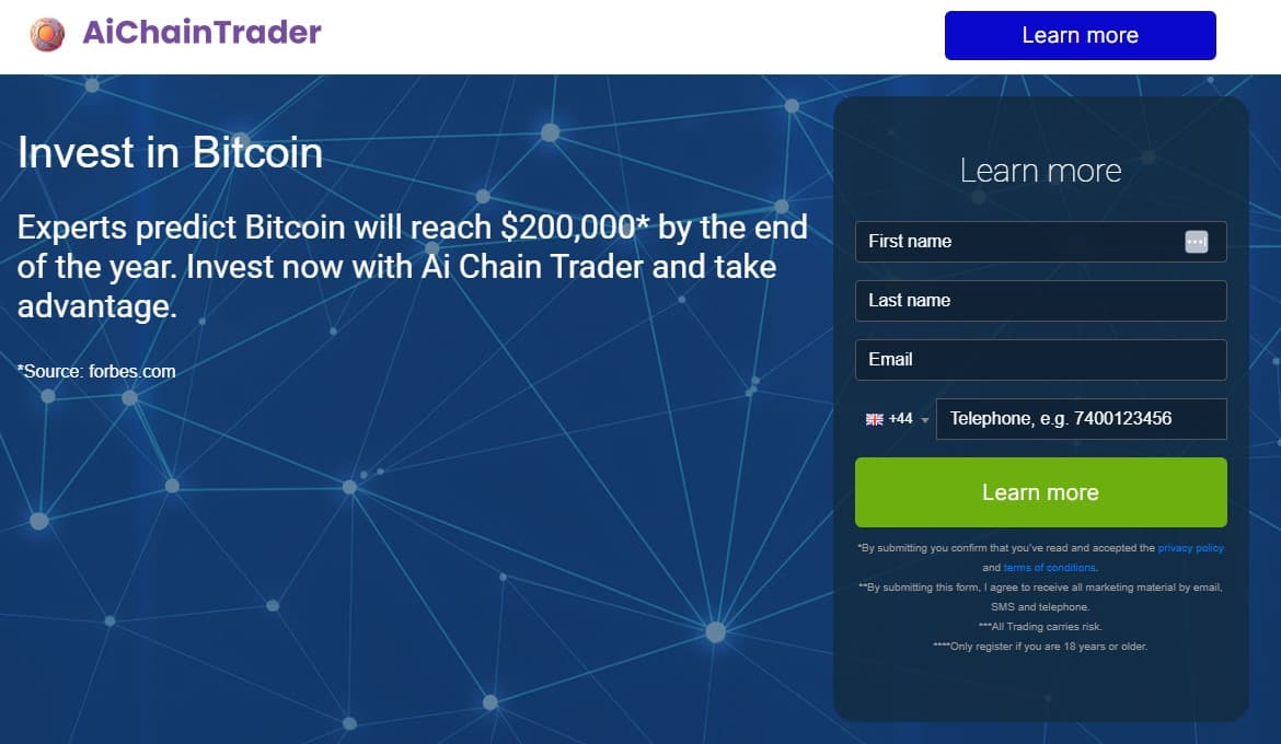 Screen shot of the main page of the Ai Chain Trader trading platform.