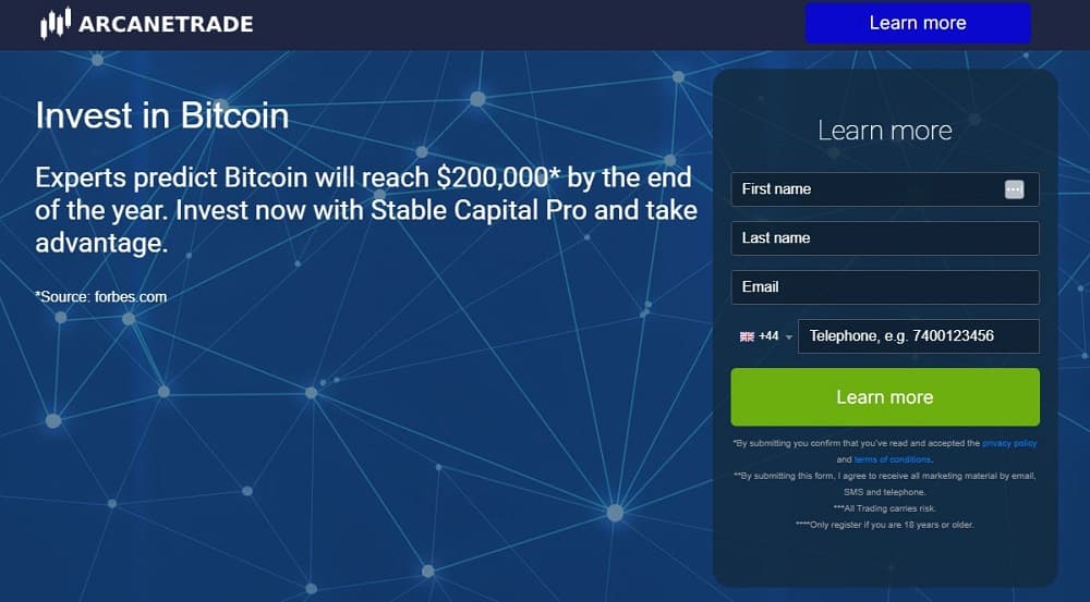 Screen shot of the main page of the Arcane Trade trading platform.