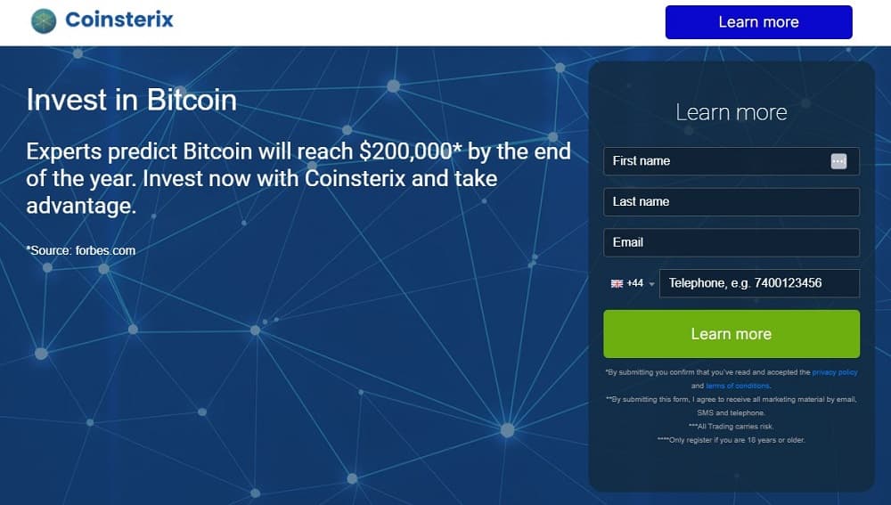 Screen shot of the main page of the Coinsterix trading platform.