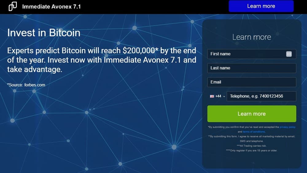 Screen shot of the main page of the Immediate Avonex trading platform.