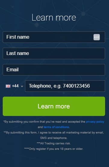 Screen shot of registration box of the Luna Max Pro trading platform.