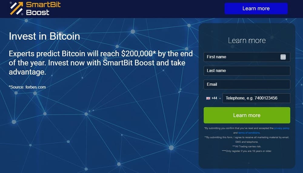 Screen shot of the main page of the SmartBit Boost trading platform.