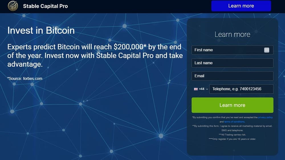 Screen shot of the main page of the Stable Capital Pro trading platform.