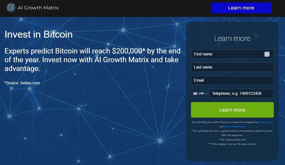 Screen shot of the main page of the AI Growth Matrix trading platform.