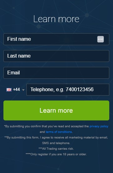 Screen shot of registration box of the Graviton Profit trading platform.